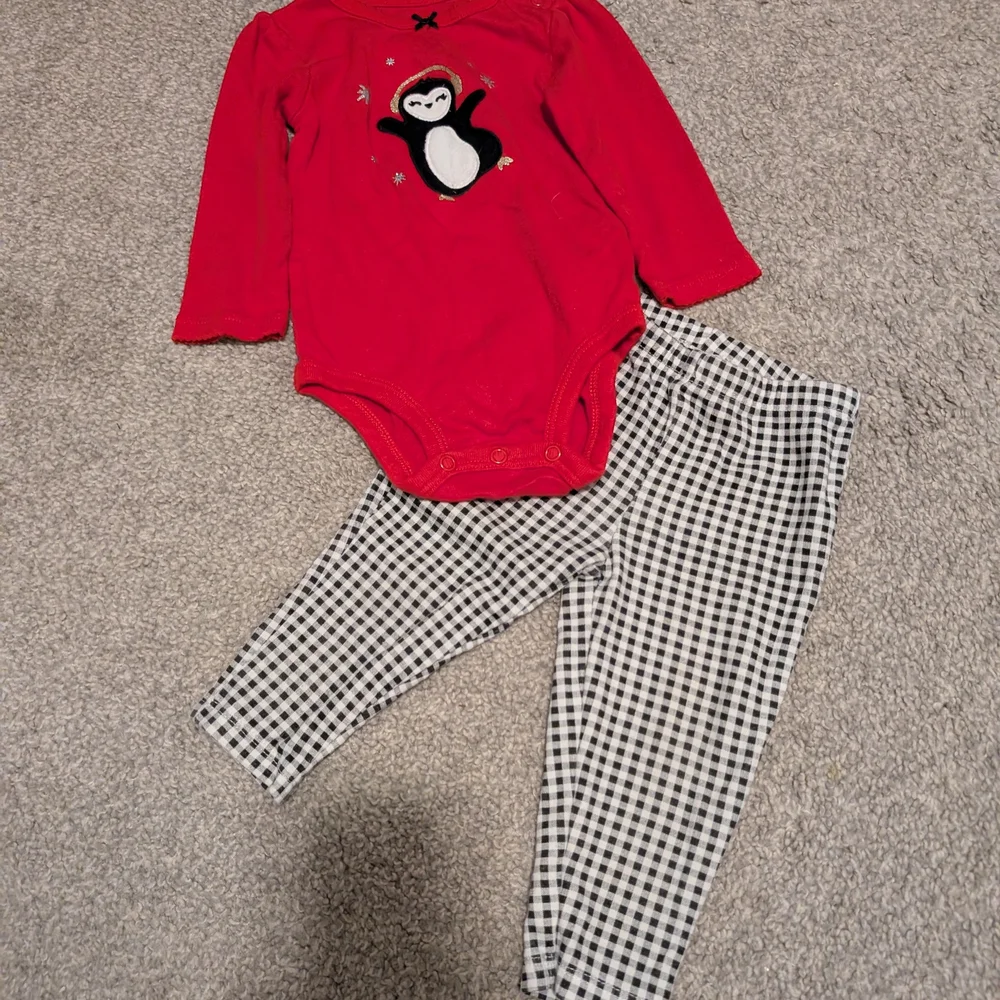 Carter's Red Penguin Bodysuit with Checkered Pants - Picture 2 of 8